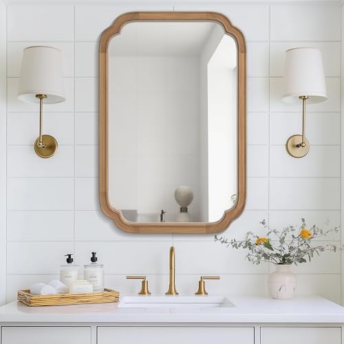 20" x 30" Rounded Corner Arch Wall Mirror with Wood Frame for Entryway