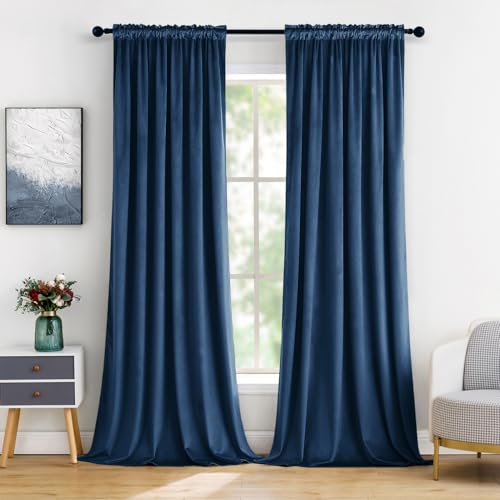 Navy Blue Blackout Velvet Curtains Drapes 96 Inch Long 52"x96" (2 Count)