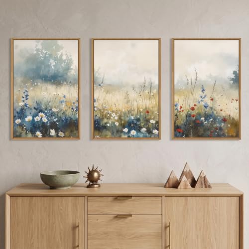 Neutral Pastoral Wildflower Framed Canvas Wall Art Set