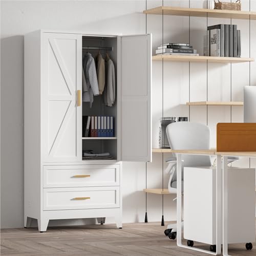 71'' Farmhouse Metal Wardrobe Cabinet with Hanging Rod