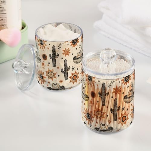 2 Pack Qtip Holder Organizer Dispenser Western Cowboy Hats Suns Cactus Bathroom Storage Canister Cotton Ball Holder Container for Cotton Pads (2 Count)