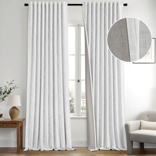 Greyish White 100% Blackout Linen Curtains 102 Inch 2 Panels Set Double Sided No Coating Pinch Pleated Back Tab Floor to Ceiling Black out Thermal Insulated Bedroom Living Room Darkening Drapes