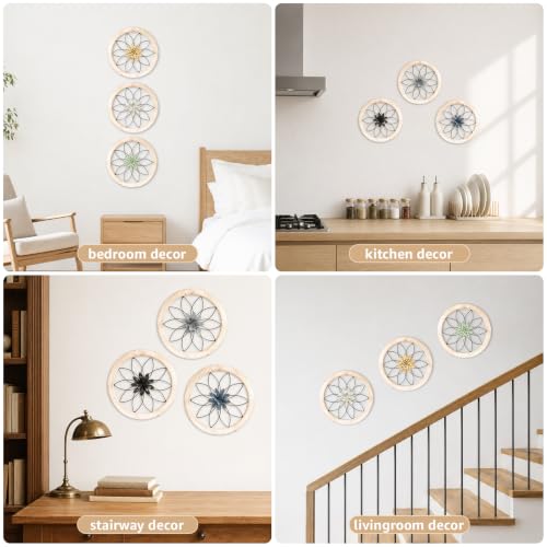 3 Piece Round Farmhouse Wall Decor with 6 Piece Interchangeable Flowers 12'' Medallion Wood & Metal Rustic Wall Art for Living Room Bedroom Kitchen Bathroom Dining Room Home Decorations