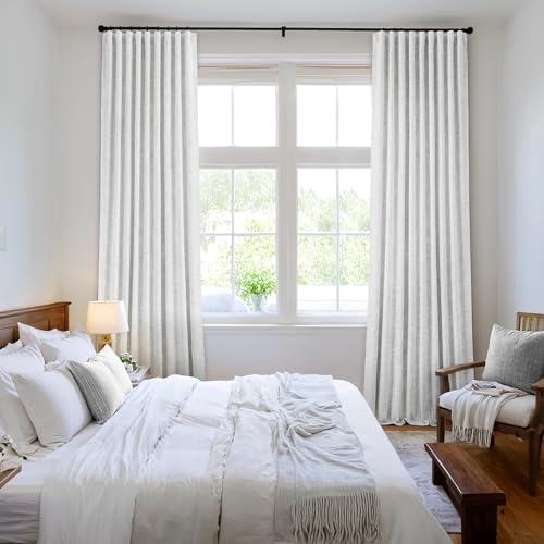 Greyish White 100% Blackout Linen Curtains 90 Inch 2 Panels Set Double Sided No Coating Pleated Back Tab Black out Long Thermal Insulated Pinch Pleat Bedroom Living Room Darkening Window Drapes (2 Count)