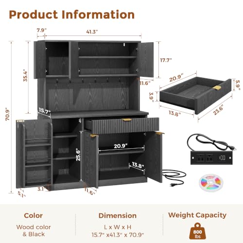 Fluted Kitchen Pantry Storage Cabinet with Charging Station & LED Lights