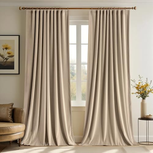 Camel Beige Velvet Pinch Pleat Blackout Curtains W52 X L90 Inches