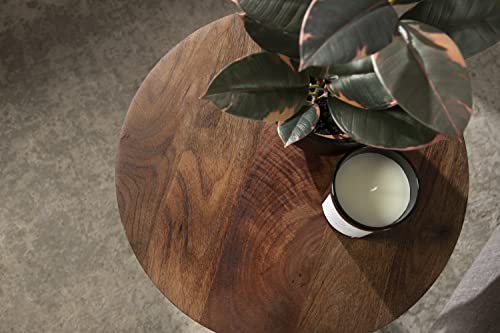 Aja Modern Side Table; 15 x 15 x 23; Walnut Brown; Decorative Modern Geometric Wood Bedroom Nightstand Table with Round Tabletop and Unique Slanted Legs