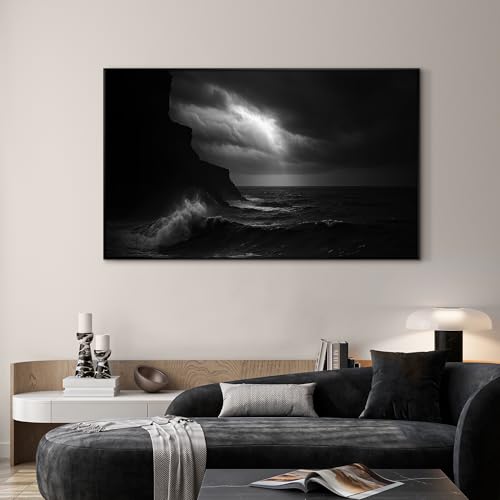 30"x60" Extra Large Framed Wall Art Dramatic Black and White Ocean Waves with Cliff and Stormy Sky for Home Living Room Bedroom Decor
