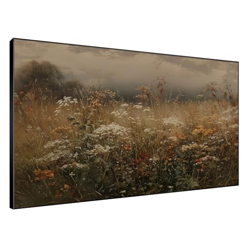 46"x72" Extra Large Framed Wall Art Autumn Meadow Landscape Rustic Brown and Golden Field Illustration for Home Living Room Bedroom Decor