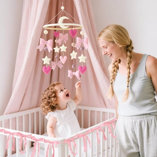 Pink Bow Baby Crib Mobile with Pink Ribbon Bow Garland Banner
