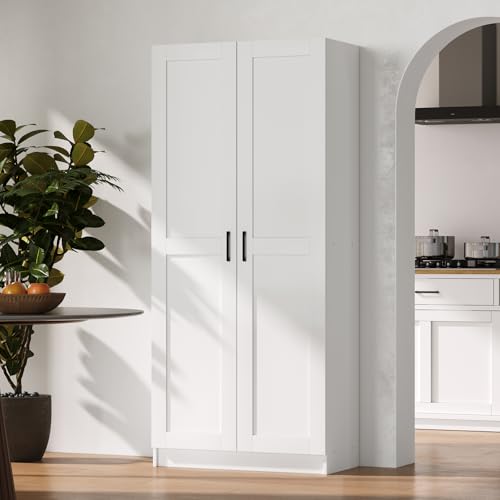 White Tall Kitchen Pantry Cabinet Organizers and Storage with Doors and Adjustable Shelves