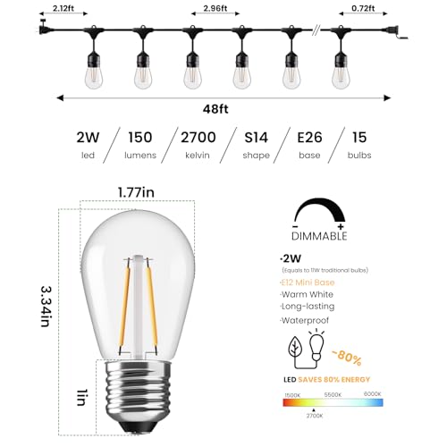 144 FT Outdoor String Lights 2W LED Outside Edison Waterproof ETL (144 Foot)
