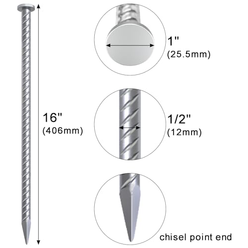 Rebar Stakes 16 Inch Galvanized Metal Steel Ground Spikes Heavy Duty (12 Count)