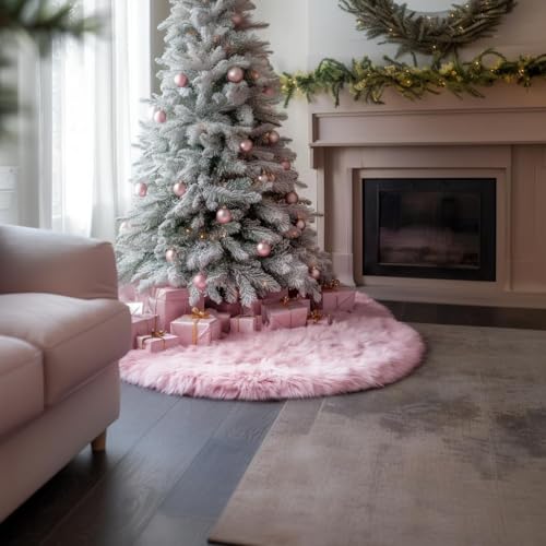 24 Inch Pink Christmas Tree Skirt Plush Decoration for Merry Christmas Party