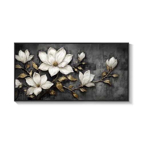 Large Framed Black and White Floral Wall Art for Living Room