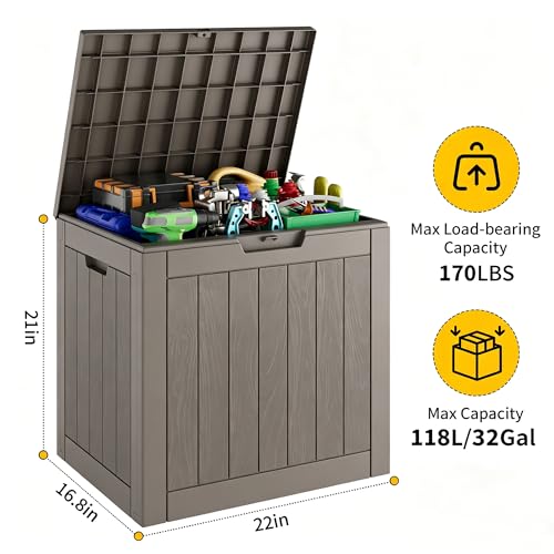 Deck Box 32 Gallon Resin Indoor and Outdoor Storage Boxes Waterproof for Garden Tools