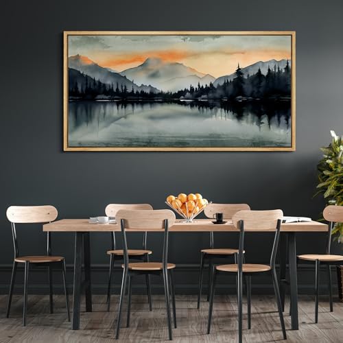 Extra Large Framed Canvas Print Wall Art Sunset Mountain Range and Lake Panoramic Antique Retro Fine Art Illustrations Decorative Colorful for Bedroom