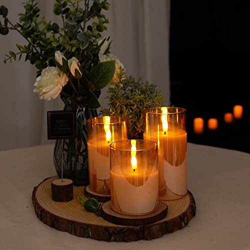 Gold Glass Flameless LED Candles Battery Operated with Remote Timer (3 Count)