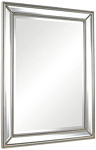 Palais Rectangular Vanity Decorative Accent Wall Mirror Modern Beaded Beveled Glass Mottled Silver Mirrored Frame 30" Wide for Bathroom Bedroom Living Room Home House Office