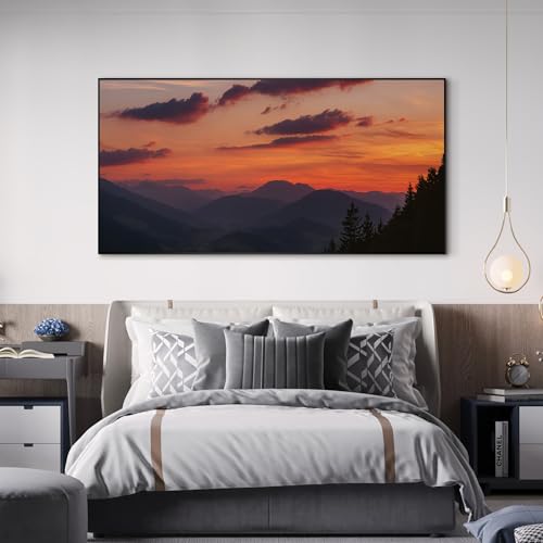 24"x46" Extra Large Framed Wall Art Scenic Sunset Over Mountain Range with Glowing Sky for Home Living Room Bedroom Decor