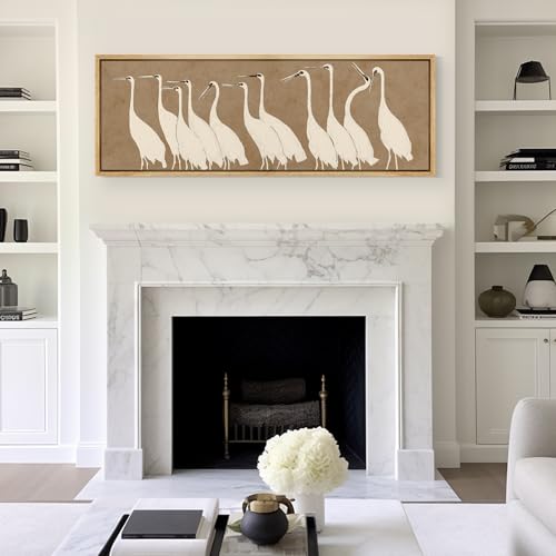 Large Framed Canvas Print Wall Art Minimalist White Cranes on Beige Background Antique Retro Fine Art Illustrations Decorative Colorful for Bedroom