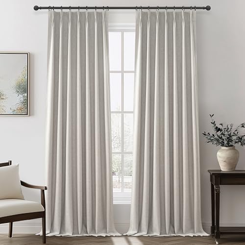 Natural Melange Taupe Blackout Curtains 108 Inch Extra Long Linen Viral Curtain with Pinch Pleat Clips&Hooks