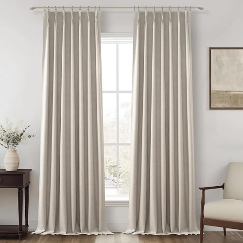 Grey Flax Beige 120 Inch Length Linen Pinch Pleated Viral Thick 10 ft Curtains Blackout & Drapes 2 Panels Set for Living Room (2 Count)