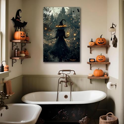 Halloween Witch and Haunted House Canvas Wall Art