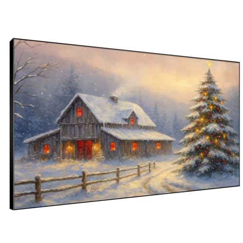 46"x72" Extra Large Framed Wall Art Rustic Winter Cabin with Christmas Tree and Snowy Landscape for Home Living Room Bedroom Decor