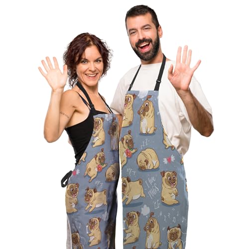 Paint Apron for Men Pug Puppies Dog Cartoon Bull Terrier Funny Aprons for Women for Kitchen Cooking Restaurant BBQ Painting Crafting Gardening 27”