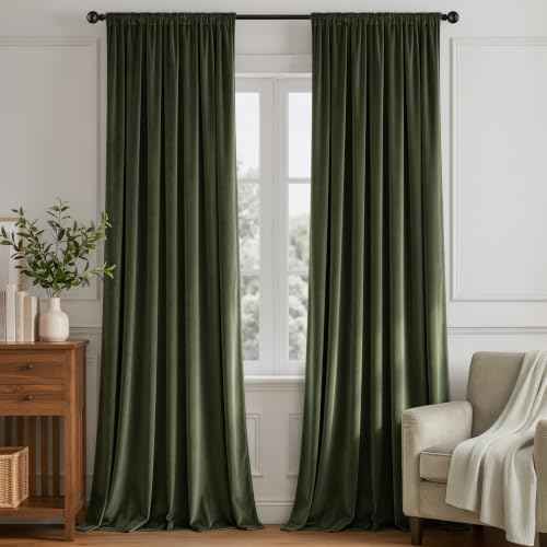 Olive Green Blackout Velvet Curtains Drapes 96 Inch Long 52"x96" (2 Count)