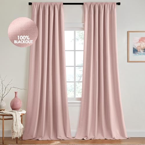 100% Blackout Back Tab Pleat Linen Curtains 50" Wx96 L (2 Count)