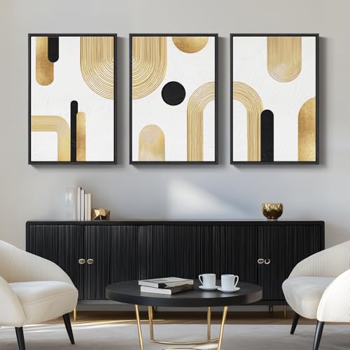 Large Framed Gold Abstract Geometric Wall Art for LIving Room (3 Count)