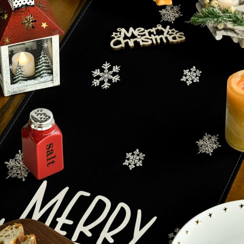 Xmas Trees Snowflakes Black Merry Christmas Table Runner