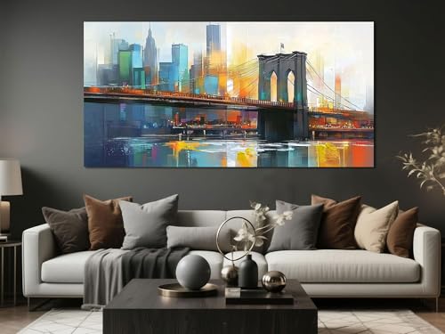 Cityscape Wall Art New York City Canvas for Living Room Painting Brooklyn Bridge Manhattan Bedroom Wall Art for Men Modern Picture Artwork Framed Home Office Wall Decor