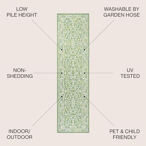 Vintage Filigree Indoor Outdoor Runner Rug 2X8 Green