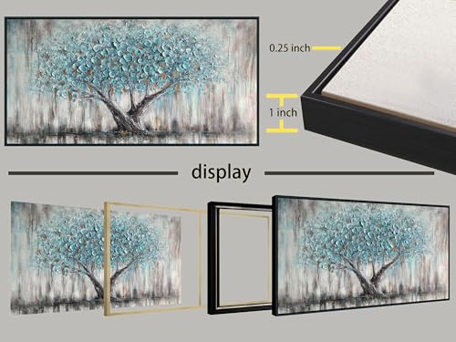 Framed Blue Tree Canvas Wall Art Extra Large Tree of Life Teal 58x29