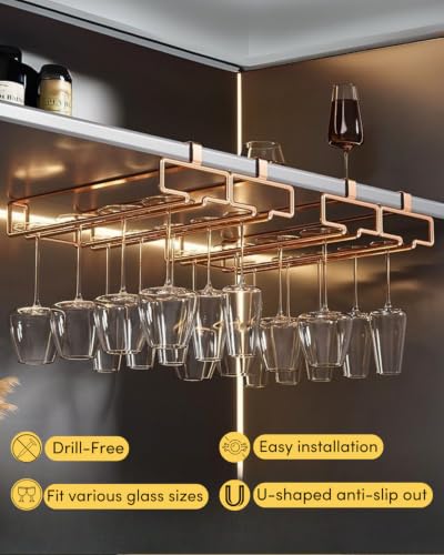 2 Pack Under Cabinet Wine Glass Rack Rose Gold Wine Glass Holder Stemware Rack Hanger Kitchen Hanging Storage Rack Organizer (2 Count)