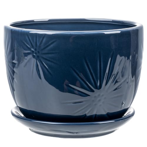7 Inch Round Blue Ceramic Plant Pot with Drainage Hole and Attached Saucer