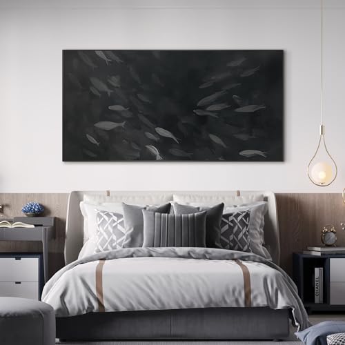 24"x46" Extra Large Framed Wall Art Monochrome Fish Silhouettes Illustration for Home Living Room Bedroom Decor