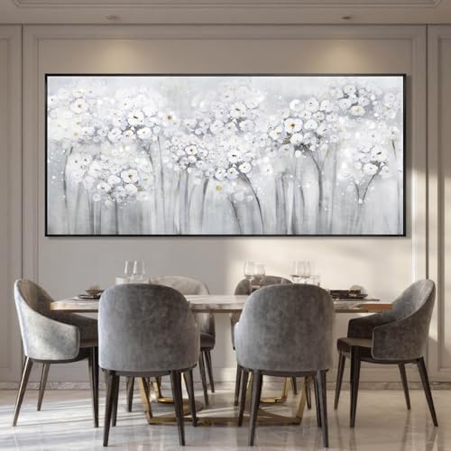 Flower Wood Wall Decor White Wall Art Textured Canvas Painting 32"x70" Decorative Pictures for Bedroom Kitchen Large Artwork