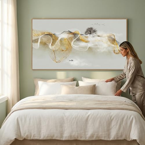 Wall Art Modern Zen Light Luxury Natural Landscape with Golden and White lines Background Wall Decor Canvas Prints for Living Room Bedroom 24x48 Inches