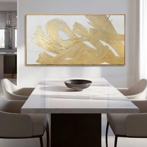 White and Gold Wall Painting Neutral Wall Decor Modern Abstract Wall Art Minimalist Art 29"x58" Artwork for Living Room Kitchen Dining Room