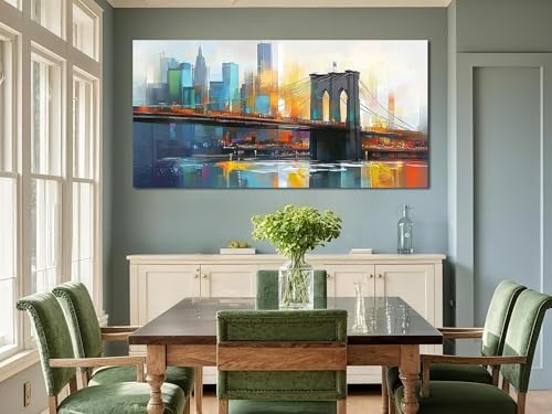 Cityscape Wall Art New York City Canvas for Living Room Painting Brooklyn Bridge Manhattan Bedroom Wall Art for Men Modern Picture Artwork Large Framed Home Office Wall Decor 48"x24"