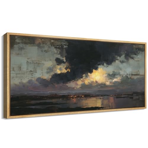 Extra Large Framed Canvas Print Wall Art Misty Lake Landscape Antique Retro Fine Art Illustrations Decorative Colorful for Bedroom