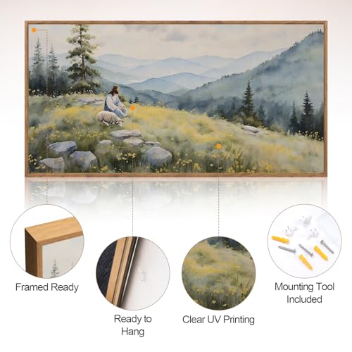 Jesus Lost Sheep Psalm 23 Framed Canvas Wall Art 40x20 Inch