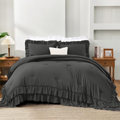 Dark Grey Ruffle Super King Comforter Set