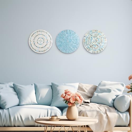 3 Pcs 11.8 Inches Spring Summer Blue Mother of Pearl Shell Plate Coastal Wall Art Mosaic Wall Sculpture Shell Handmade Hanging Plates Arts for Bedroom Bathroom Home Office Hotel (3 Count)