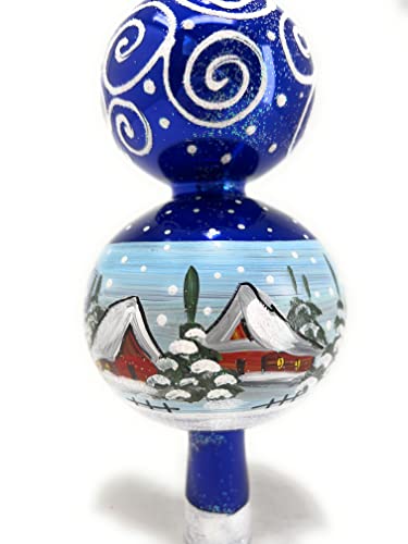12 Inch Blue Gloss Spitz Glass Christmas Tree Topper Mouth Blown by Polish Artisans and Hand Decorated with Gold and Silver Embellishments Made in Poland