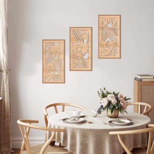 Tropical leaf Wood Wall Decor Framed Palm Monstera Leaves Wooden Wall Art Coastal Hawaii Art decor 7.87x15.75 Inch Set of 3 for Living room Bedroom Office